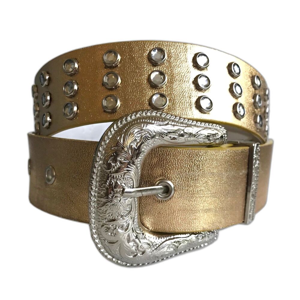 Vtg Gold Silver Studded Rhinestone Western Belt Womens Size S M Bling Paisley